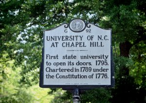 The State Historical marker for the University of North Carolina at Chapel Hill on McCorkle Place.